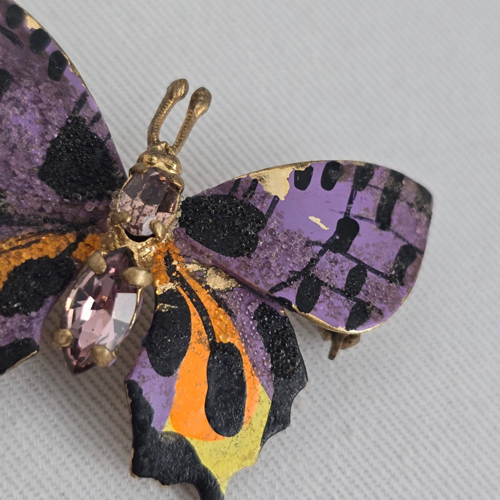 Vintage Czechoslovakia Butterfly Brooch Purple Enamel Rhinestone Pin