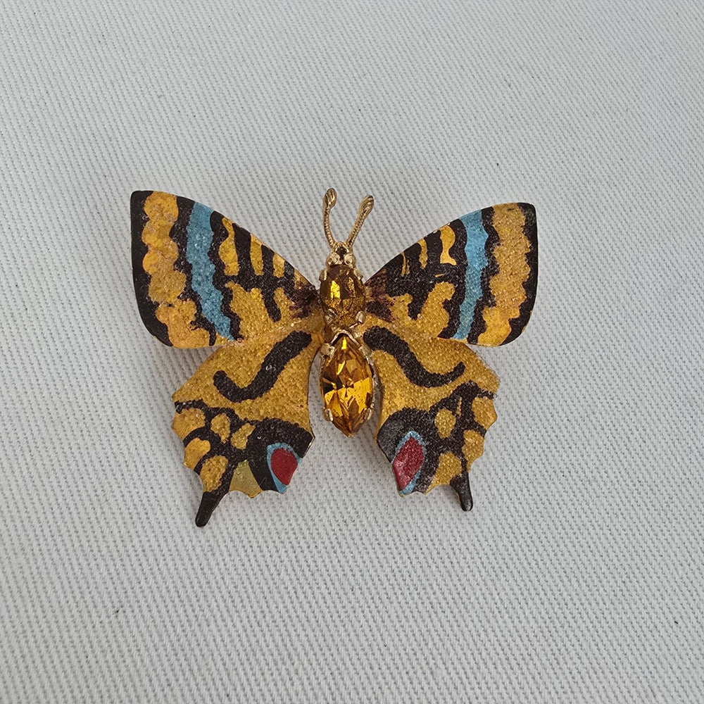 Vintage Butterfly Brooch Hand Painted Enamel Rhinestone Pin