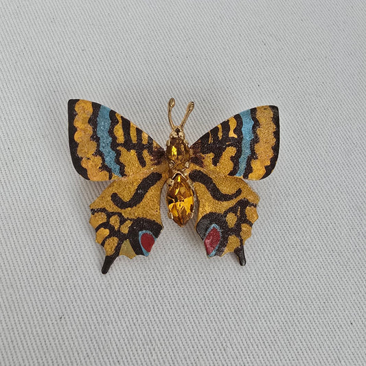 Vintage Butterfly Brooch Hand Painted Enamel Rhinestone Pin