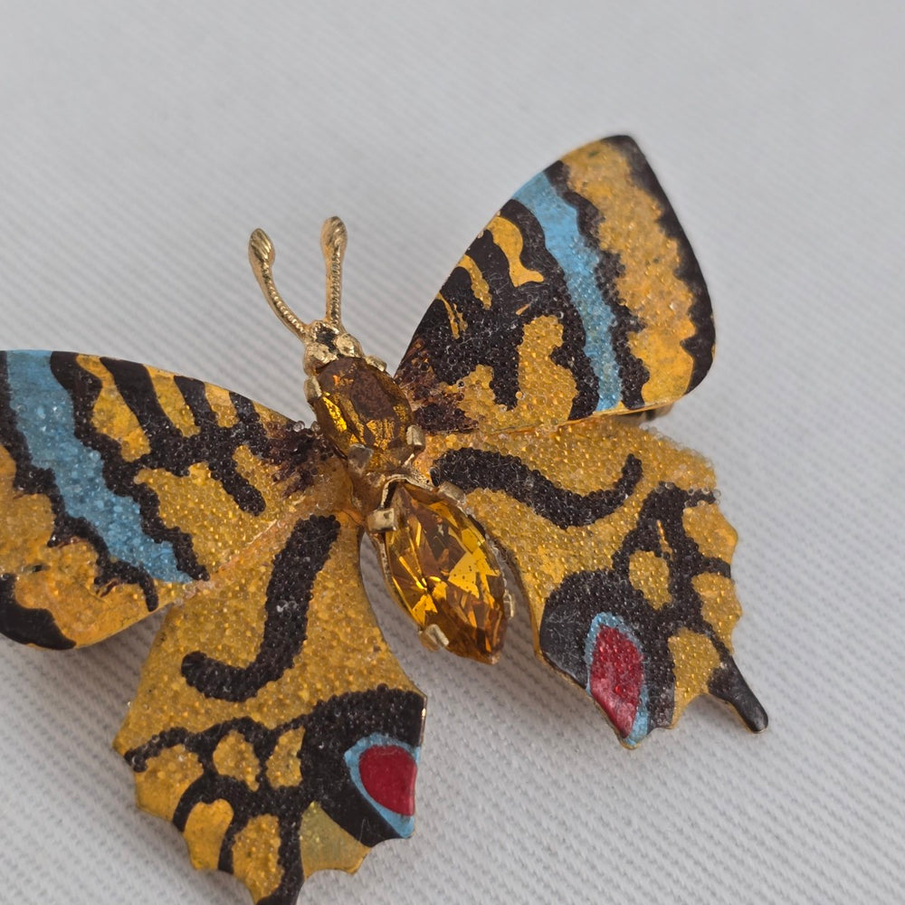 Vintage Butterfly Brooch Hand Painted Enamel Rhinestone Pin