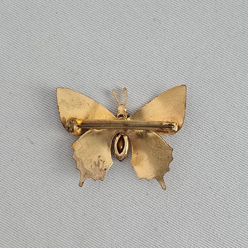 Vintage Butterfly Brooch Hand Painted Enamel Rhinestone Pin