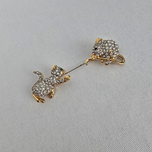 Fifth Avenue Whimsical Crystal Cat Chasing Mouse Brooch
