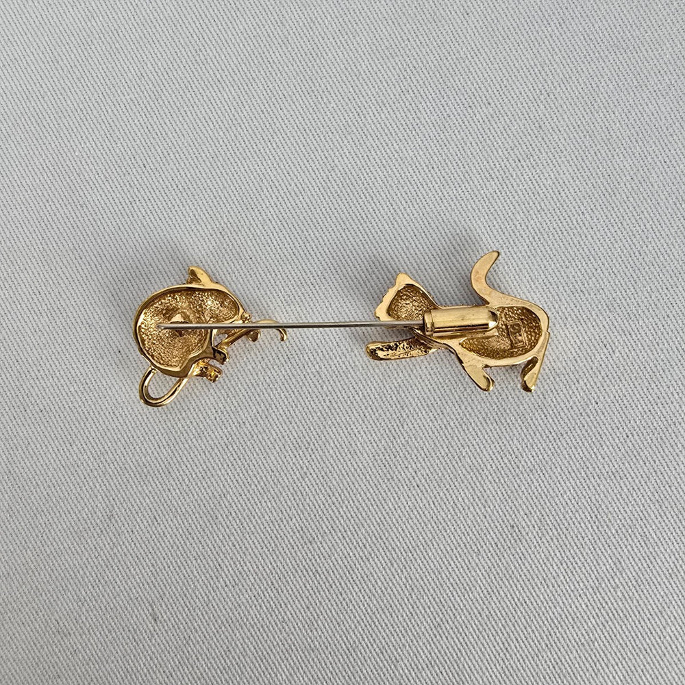 Fifth Avenue Whimsical Crystal Cat Chasing Mouse Brooch