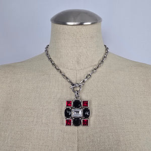 Myka Geometric Statement Necklace – Red & Black Crystal Pendant Silver Tone Chain