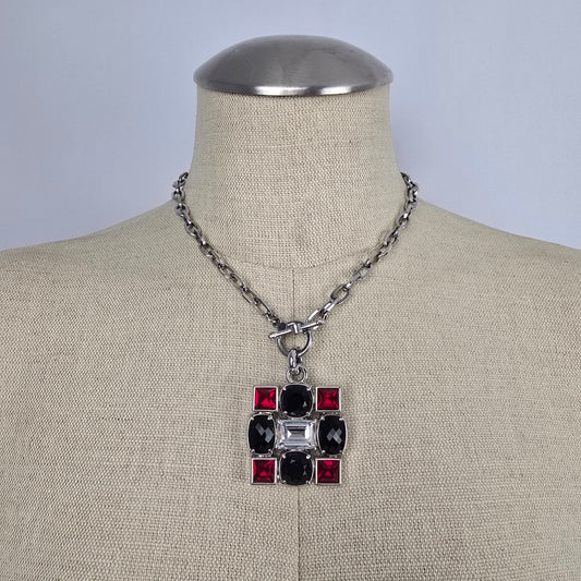 Myka Geometric Statement Necklace – Red & Black Crystal Pendant Silver Tone Chain