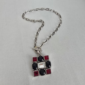 Myka Geometric Statement Necklace – Red & Black Crystal Pendant Silver Tone Chain