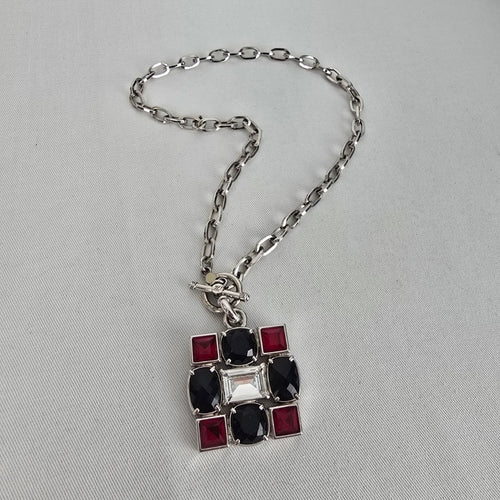 Myka Geometric Statement Necklace – Red & Black Crystal Pendant Silver Tone Chain