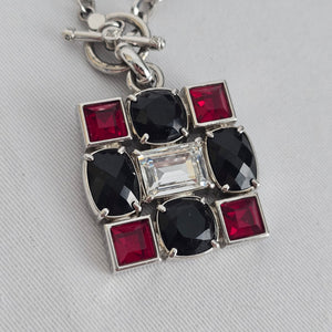 Myka Geometric Statement Necklace – Red & Black Crystal Pendant Silver Tone Chain