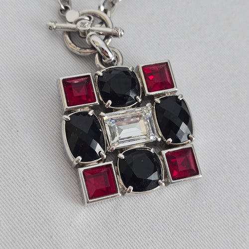 Myka Geometric Statement Necklace – Red & Black Crystal Pendant Silver Tone Chain