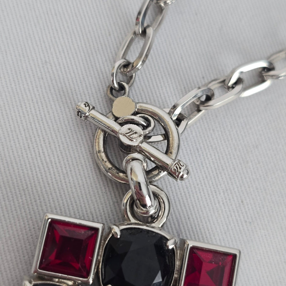 Myka Geometric Statement Necklace – Red & Black Crystal Pendant Silver Tone Chain