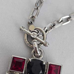 Myka Geometric Statement Necklace – Red & Black Crystal Pendant Silver Tone Chain