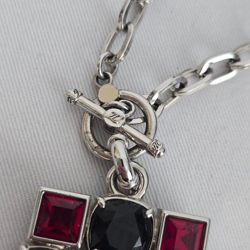 Myka Geometric Statement Necklace – Red & Black Crystal Pendant Silver Tone Chain
