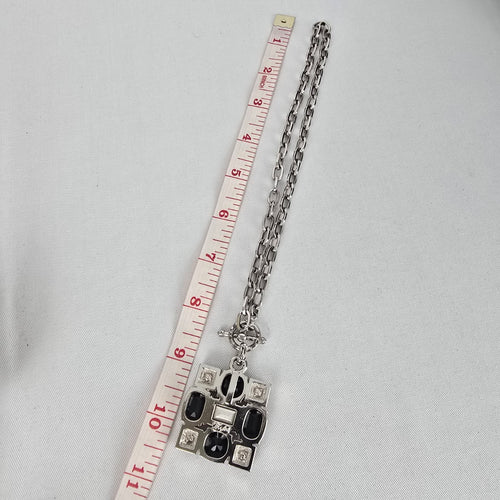 Myka Geometric Statement Necklace – Red & Black Crystal Pendant Silver Tone Chain