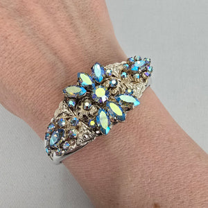 Vintage Aurora Borealis Rhinestone Hinged Cuff Bracelet – Silver Tone Glam