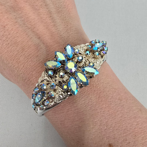 Vintage Aurora Borealis Rhinestone Hinged Cuff Bracelet – Silver Tone Glam