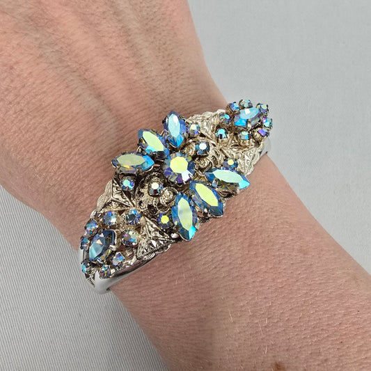 Vintage Aurora Borealis Rhinestone Hinged Cuff Bracelet – Silver Tone Glam