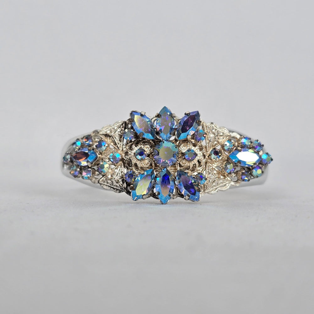 Vintage Aurora Borealis Rhinestone Hinged Cuff Bracelet – Silver Tone Glam
