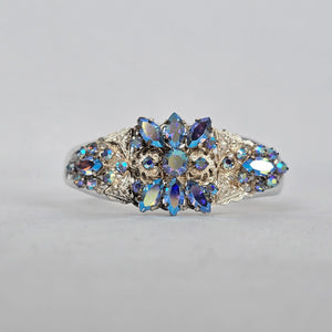 Vintage Aurora Borealis Rhinestone Hinged Cuff Bracelet – Silver Tone Glam