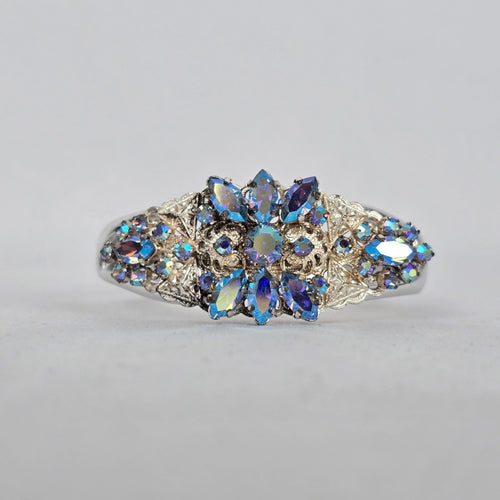 Vintage Aurora Borealis Rhinestone Hinged Cuff Bracelet – Silver Tone Glam