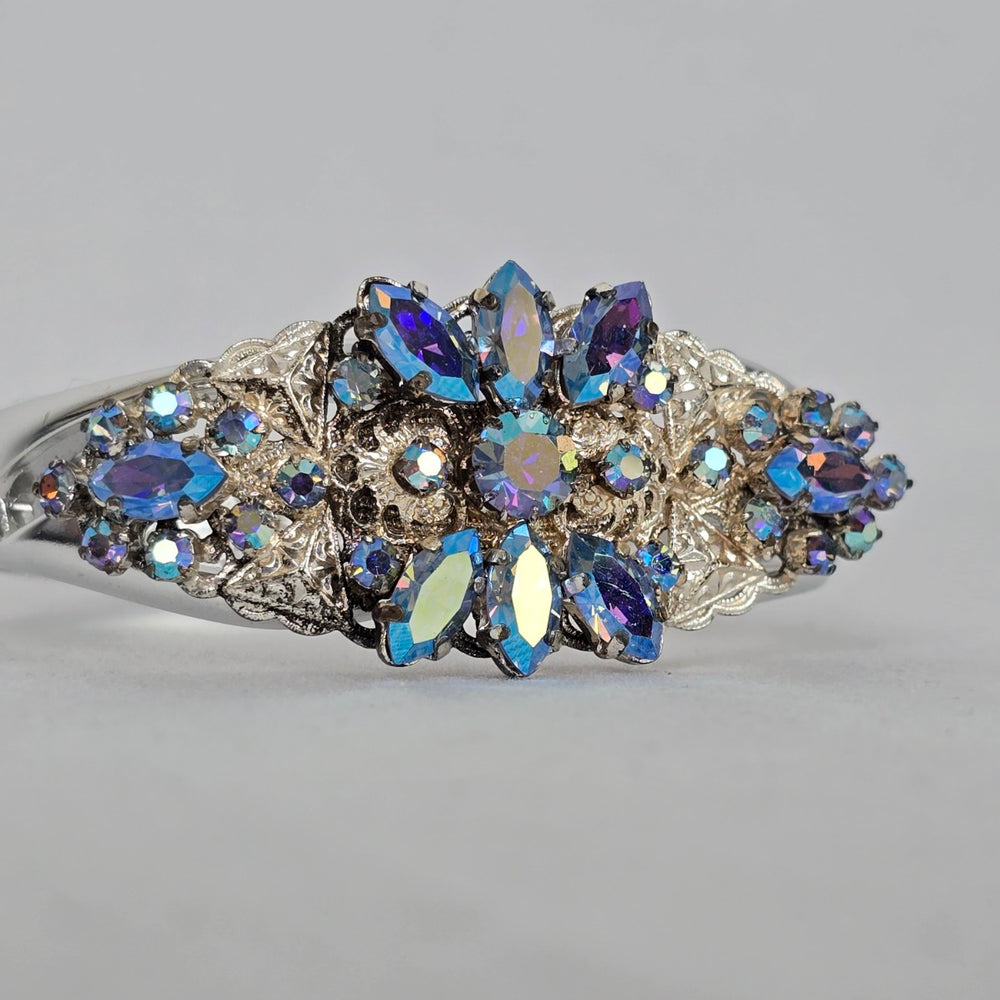 Vintage Aurora Borealis Rhinestone Hinged Cuff Bracelet – Silver Tone Glam
