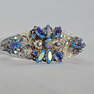 Vintage Aurora Borealis Rhinestone Hinged Cuff Bracelet – Silver Tone Glam