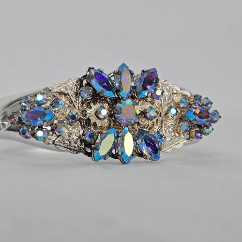 Vintage Aurora Borealis Rhinestone Hinged Cuff Bracelet – Silver Tone Glam