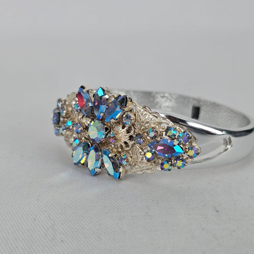Vintage Aurora Borealis Rhinestone Hinged Cuff Bracelet – Silver Tone Glam