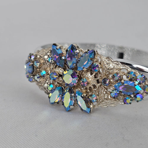 Vintage Aurora Borealis Rhinestone Hinged Cuff Bracelet – Silver Tone Glam