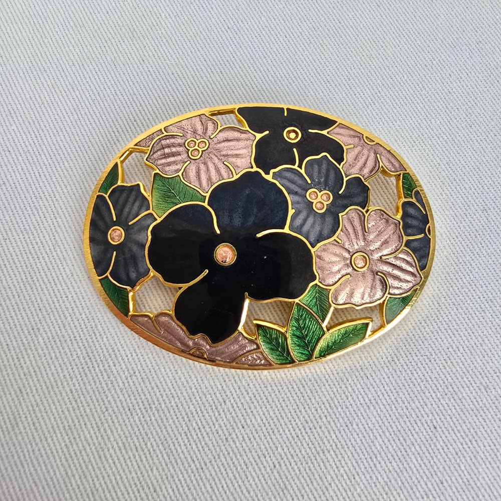 Vintage Cloisonné Floral Brooch Gold Tone Enamel Statement Pin