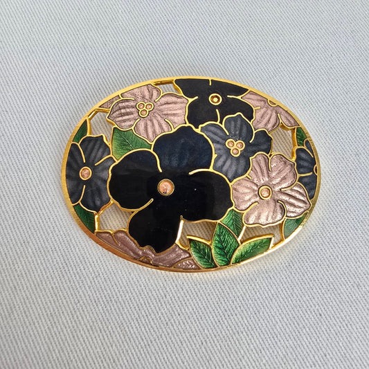 Vintage Cloisonné Floral Brooch Gold Tone Enamel Statement Pin