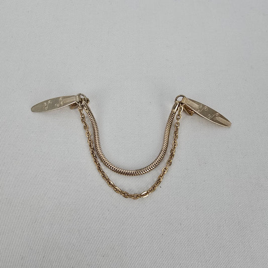 Vintage Gold Tone Sweater Guard Double Chain Cardigan Clip