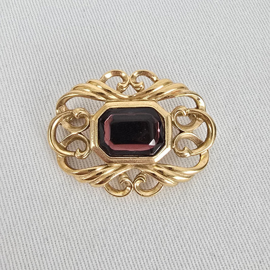 Vintage Gold Tone Garnet Glass Brooch Filigree Style Pin