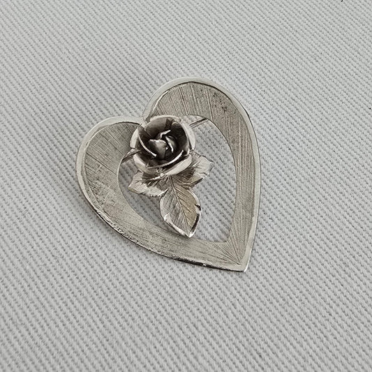 Vintage Bond Boyd Sterling Silver Heart Rose Brooch Pin