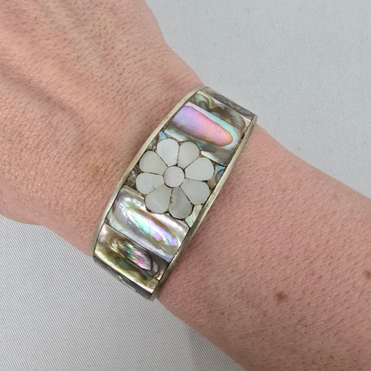 Vintage Mother of Pearl Flower Inlay Cuff Bracelet Silver Tone