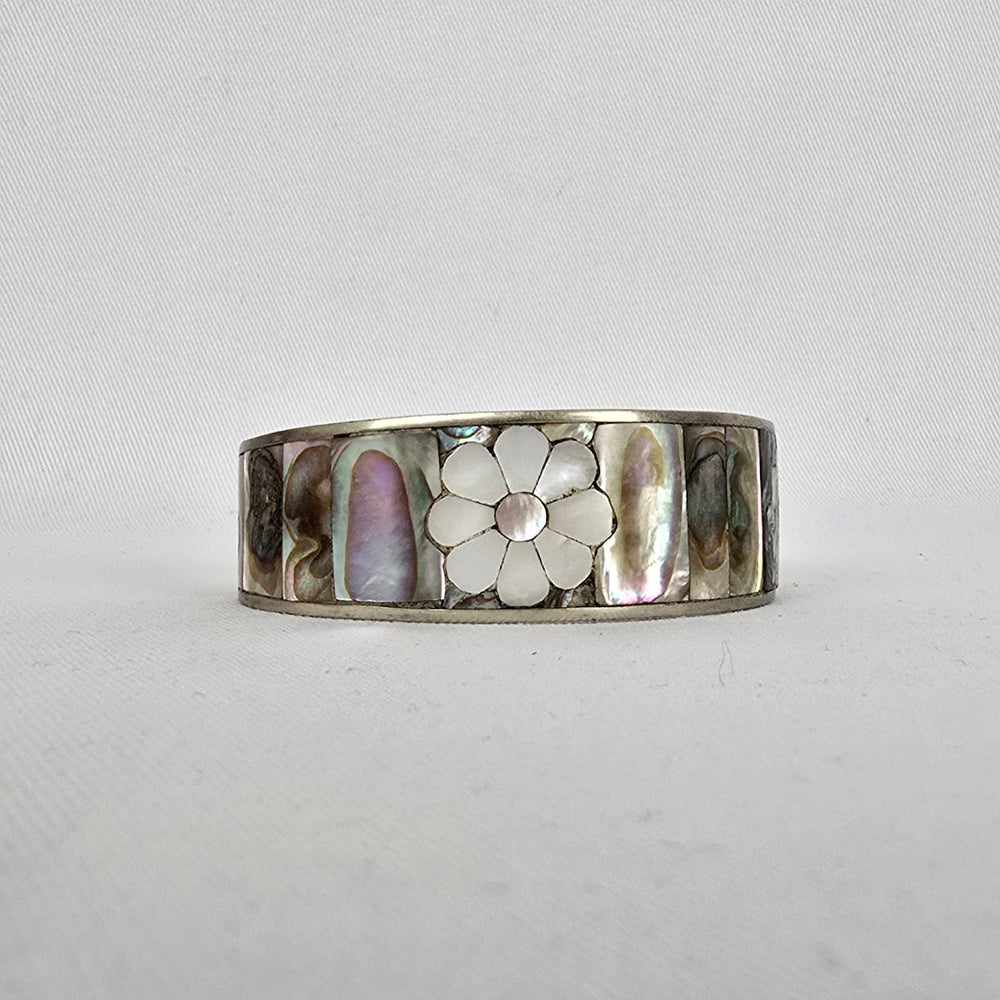 Vintage Mother of Pearl Flower Inlay Cuff Bracelet Silver Tone