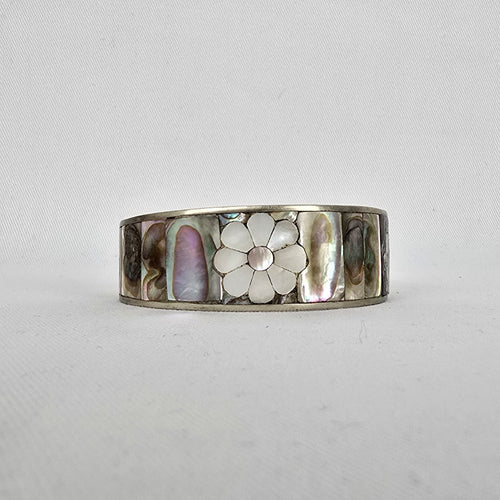 Vintage Mother of Pearl Flower Inlay Cuff Bracelet Silver Tone