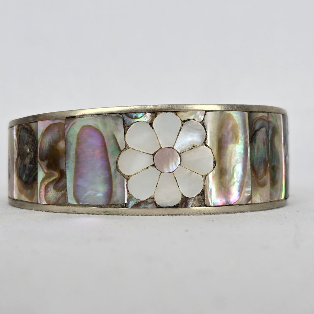 Vintage Mother of Pearl Flower Inlay Cuff Bracelet Silver Tone