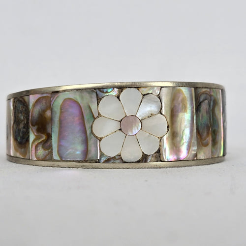 Vintage Mother of Pearl Flower Inlay Cuff Bracelet Silver Tone