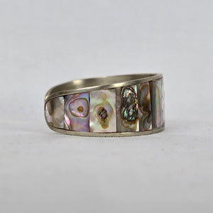 Vintage Mother of Pearl Flower Inlay Cuff Bracelet Silver Tone