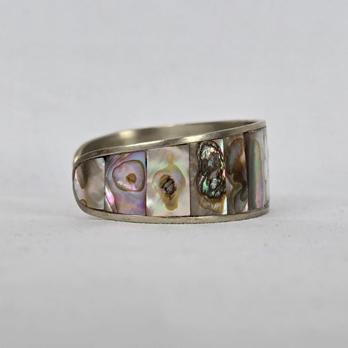 Vintage Mother of Pearl Flower Inlay Cuff Bracelet Silver Tone