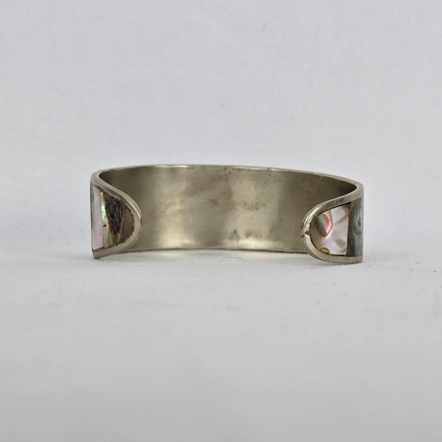 Vintage Mother of Pearl Flower Inlay Cuff Bracelet Silver Tone