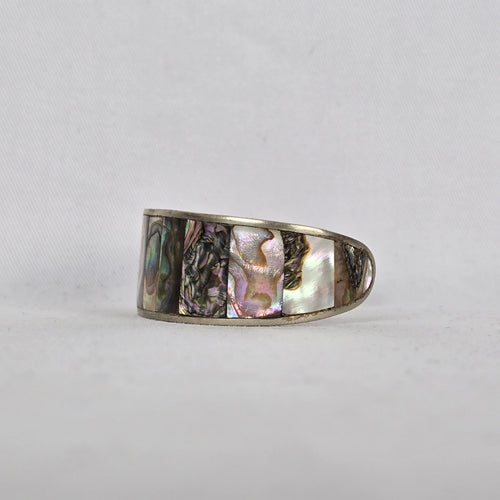 Vintage Mother of Pearl Flower Inlay Cuff Bracelet Silver Tone