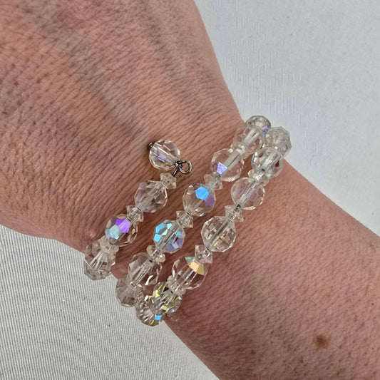 Vintage Aurora Borealis Crystal Wrap Bracelet Clear Faceted Beads