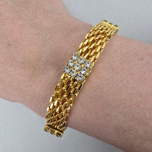 Vintage Gold Tone Rhinestone Mesh Chain Bracelet