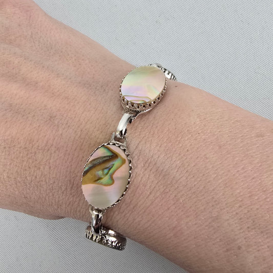 Vintage Abalone Shell Link Bracelet Iridescent Mother of Pearl Boho Jewelry