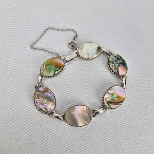 Vintage Abalone Shell Link Bracelet Iridescent Mother of Pearl Boho Jewelry