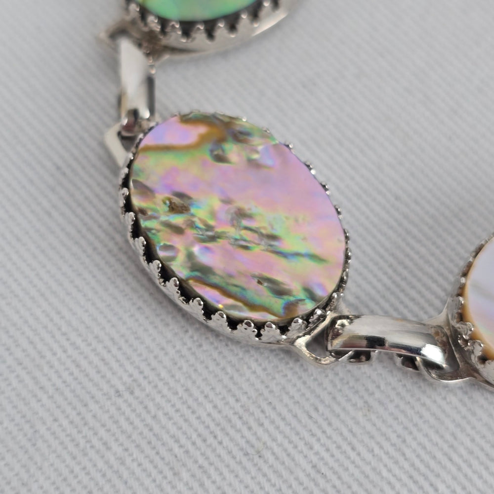 Vintage Abalone Shell Link Bracelet Iridescent Mother of Pearl Boho Jewelry