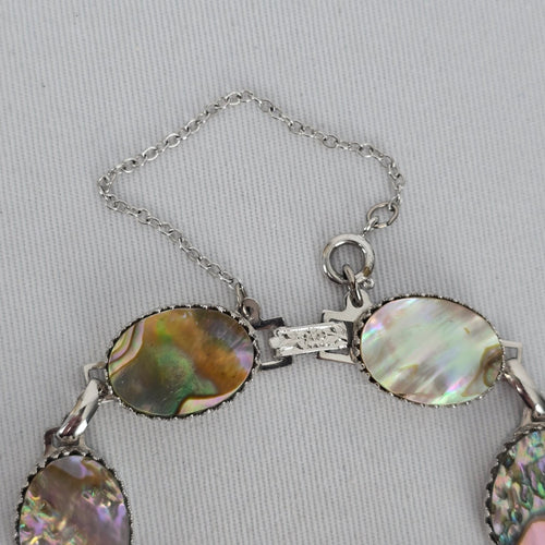 Vintage Abalone Shell Link Bracelet Iridescent Mother of Pearl Boho Jewelry