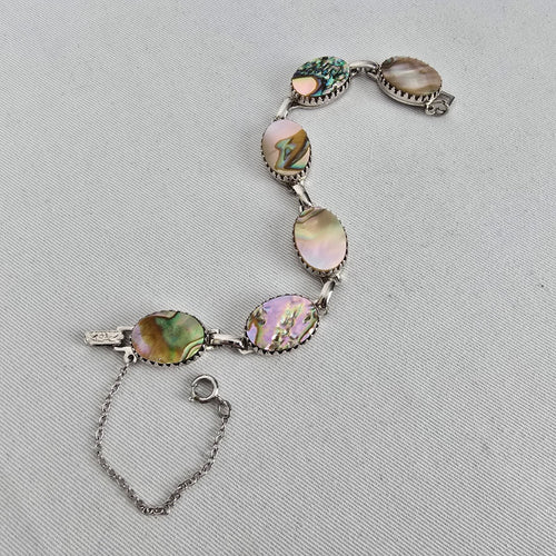 Vintage Abalone Shell Link Bracelet Iridescent Mother of Pearl Boho Jewelry