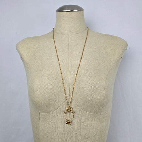 Vintage Avon Bow Circle Pendant Necklace Garnet & Peridot Glass Charms